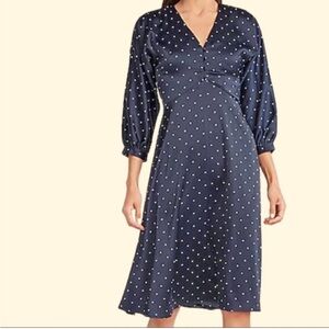 Express x Ladygang Dress 2 A-Line Midi Polka Dot Popover V-Neck 3/4 Sleeve Blue